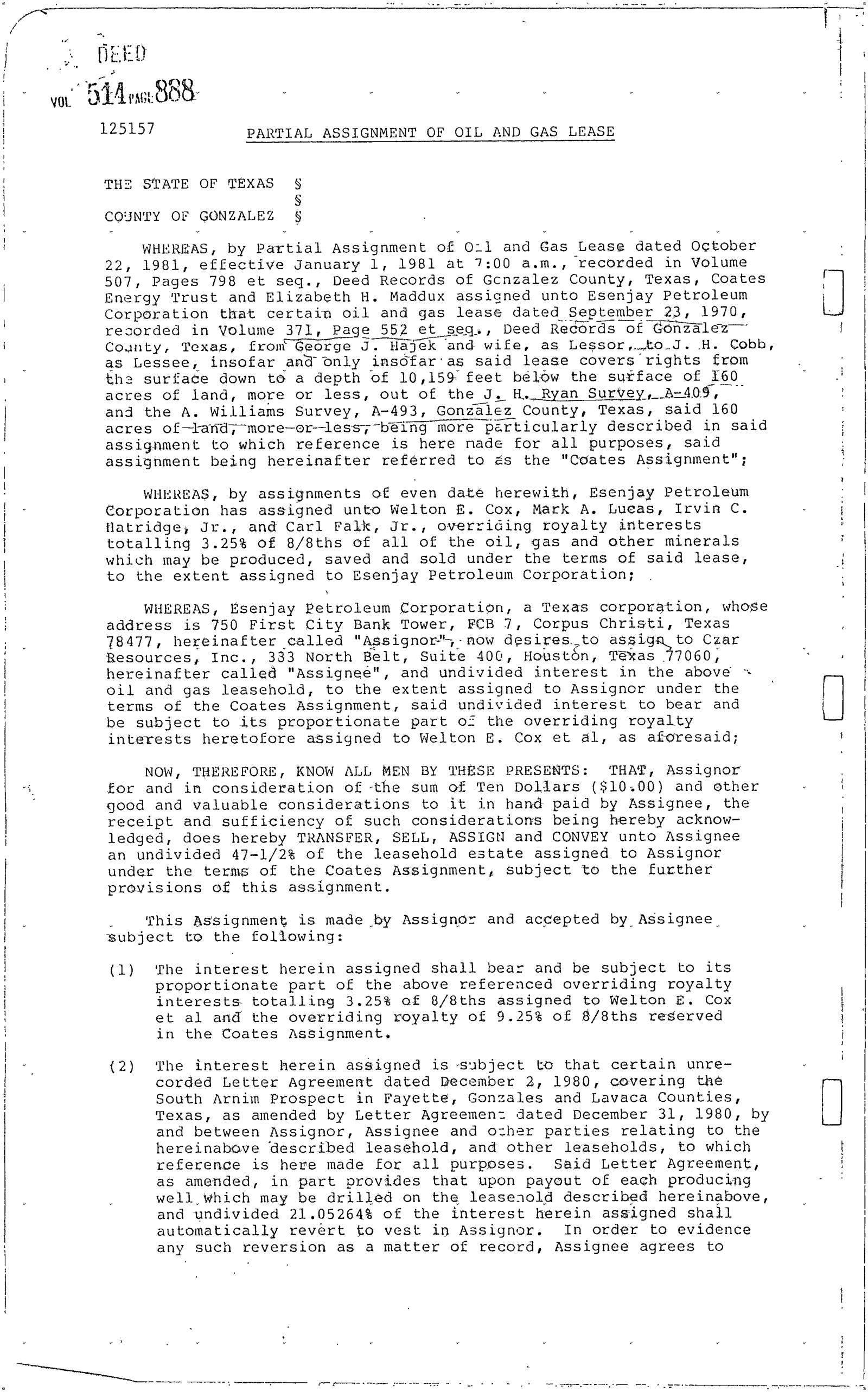 Esenjay Petroleum Corp - Recorded Partial Assignment Oil Lease (Vol. 514, Page 888)