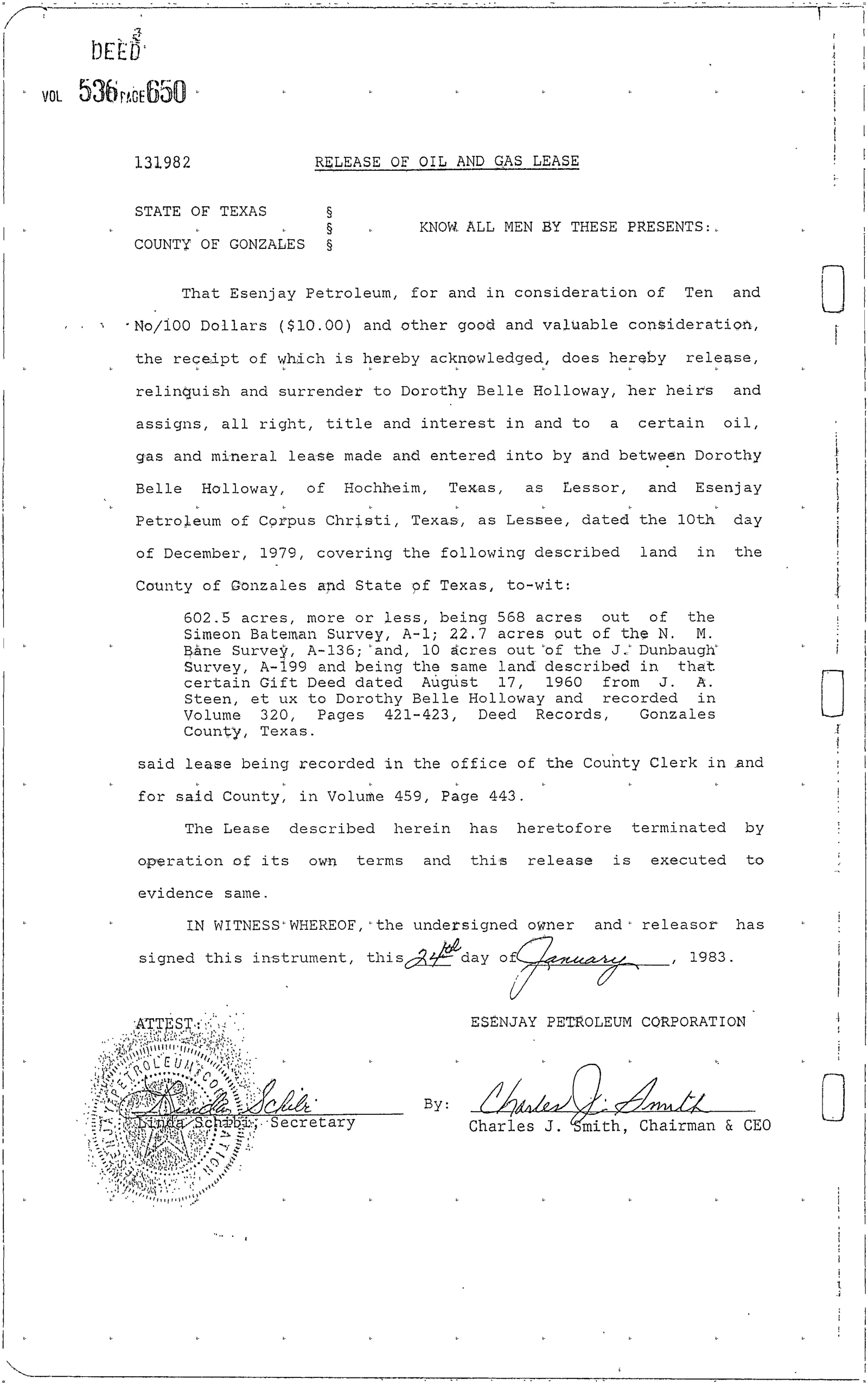 Esenjay Petroleum Corp - Recorded Release Oil Lease (Vol. 536, Page 650)